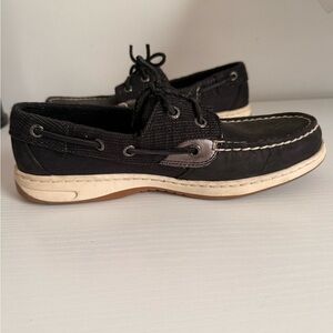 Sperry Black and White Boat Shoes with Moccasin Construction
